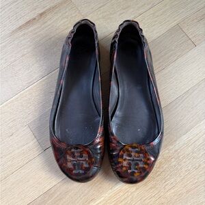 Tory Burch Minnie Travel Ballet Flat Tortoise Patent Leather Size 8.5